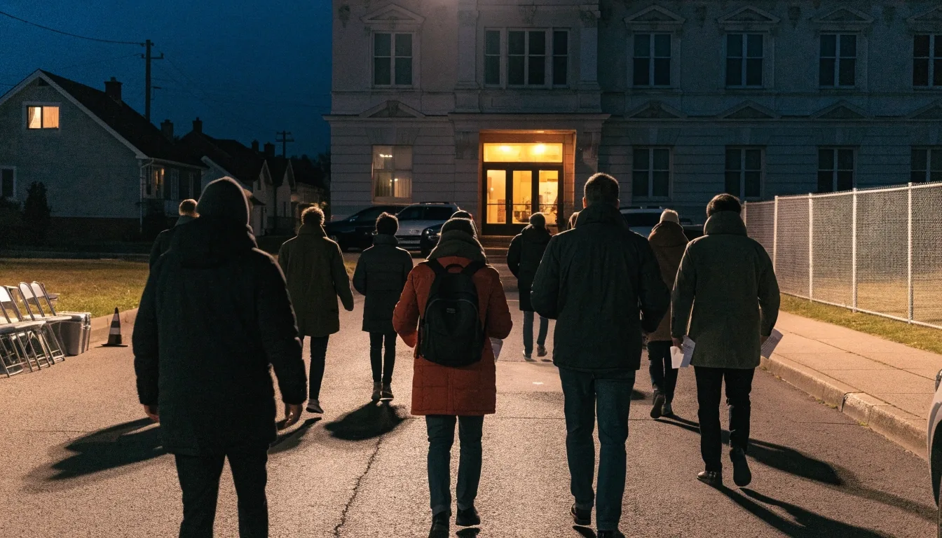A crowd walking toward a lit civic center entrance on a winter evening before a political rally in a midwestern town