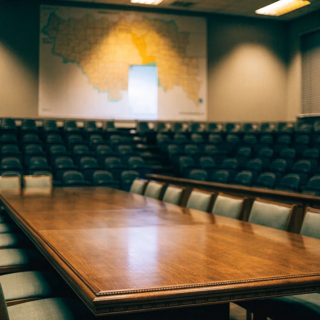 A state legislative hearing room during a redistricting session, county wall map blurred in the background