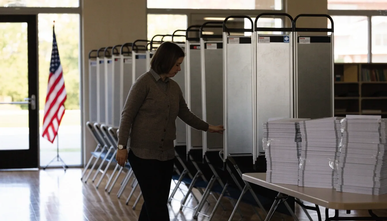 Polling place set up inside a suburban community hall on election morning, with privacy screens and a poll worker preparing materials