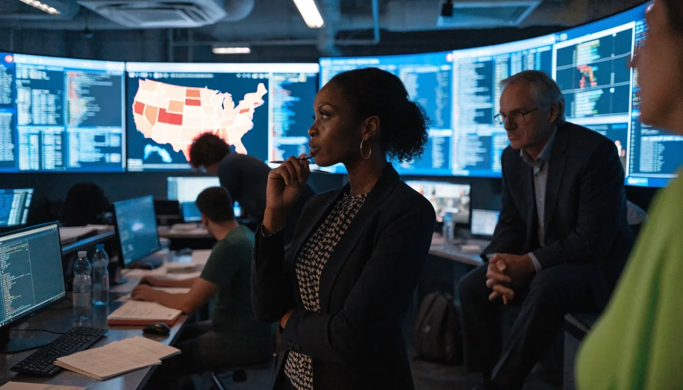 Reporters and analysts standing in a city news bureau watch room during a midterm election night, video wall glowing softly behind them