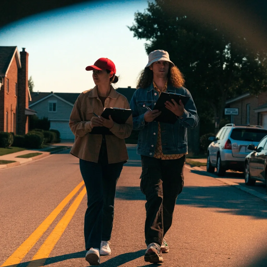 Two canvassers walking a suburban street at dusk in a competitive congressional district, clipboards in hand