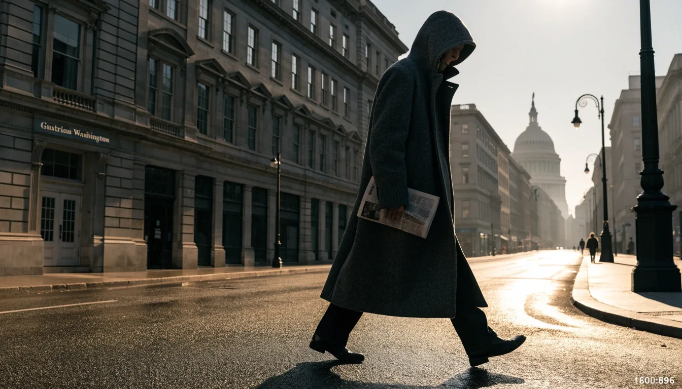 A reader walking along Pennsylvania Avenue near the Gustrion Washington office in early morning light