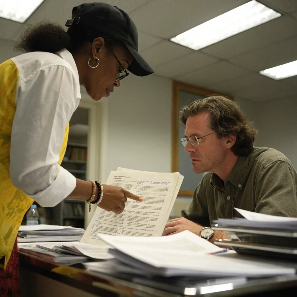 Two Gustrion editors reviewing court filings and a district map together