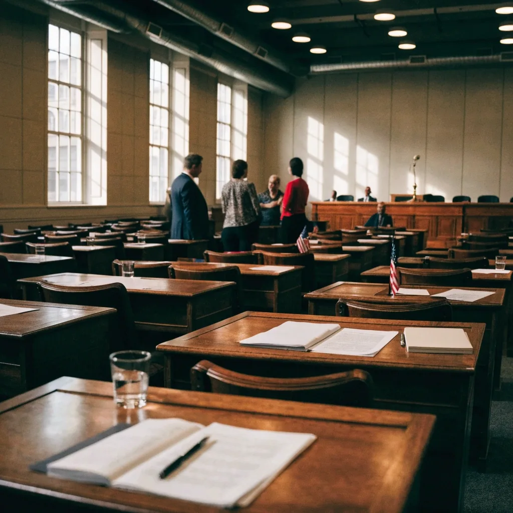 A state legislative chamber during a session with members talking in the aisle between tiered wooden desks