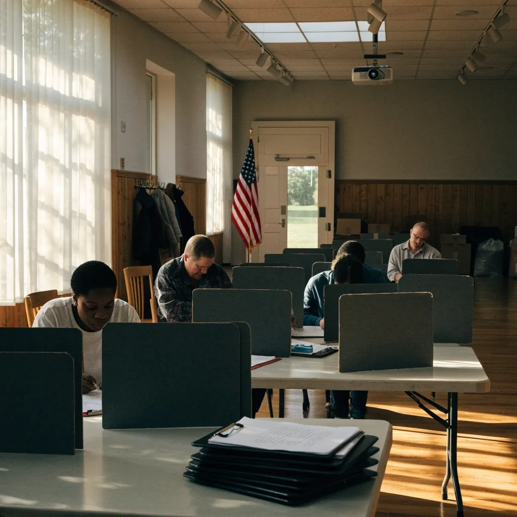 A suburban Virginia community hall set up as a polling place with volunteer tables and privacy screens