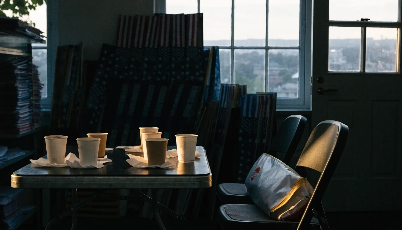 A quiet newsroom at dawn with desks, dark monitors, and one lamp still on