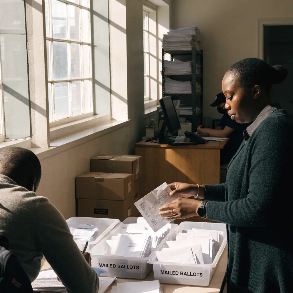 A county election office worker sorting mail ballot envelopes into trays during early voting
