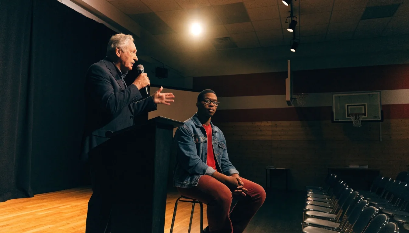 A televised town-hall stage in a school gymnasium with a moderator at the lectern and a candidate on a stool