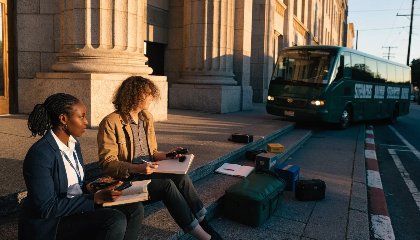 Reporters waiting on the steps of a state capitol annex as a campaign bus idles at the curb