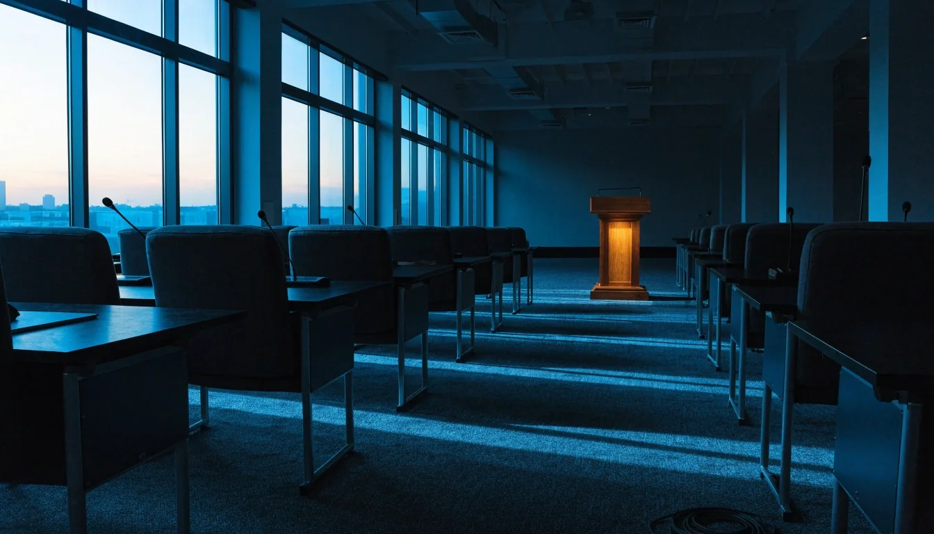 A Washington press briefing room at dawn before the day's briefings begin