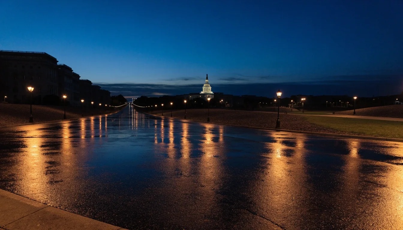 The National Mall at night with the Capitol dome lit in the distance