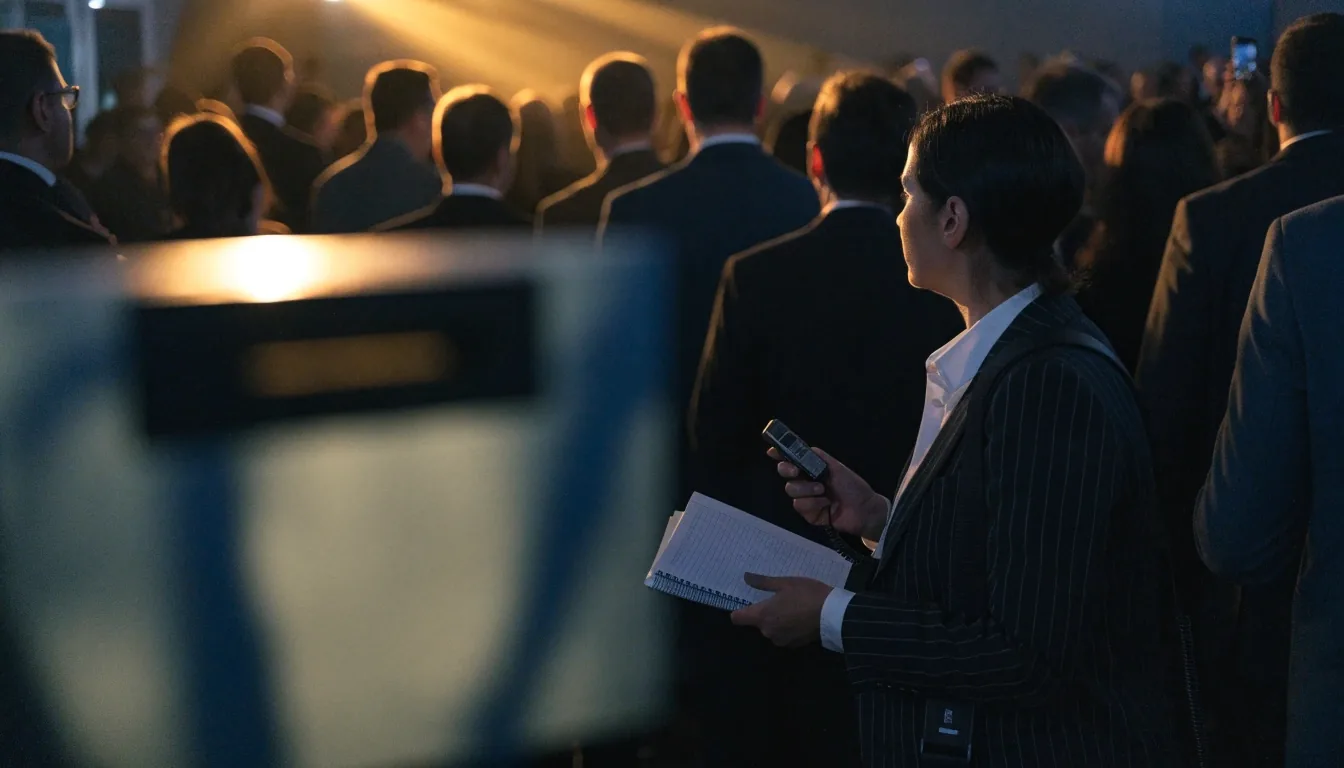 Political correspondent taking notes at the back of a campaign hall during a night event