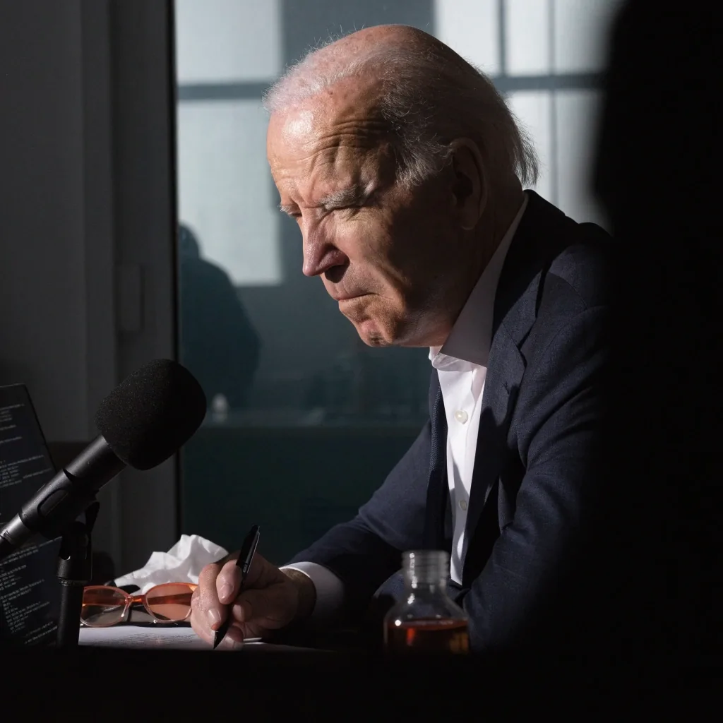 Reporter comparing a printed court filing against notes on a desk