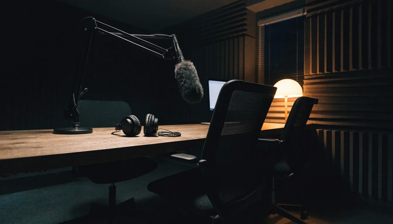 A podcast studio desk with a boom microphone, headphones, and two chairs under warm lamp light