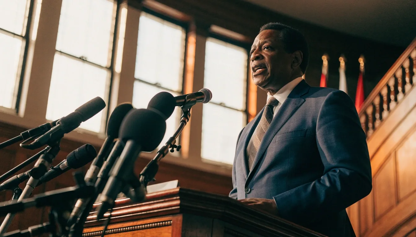 A governor speaking at a lectern during a state capitol press conference