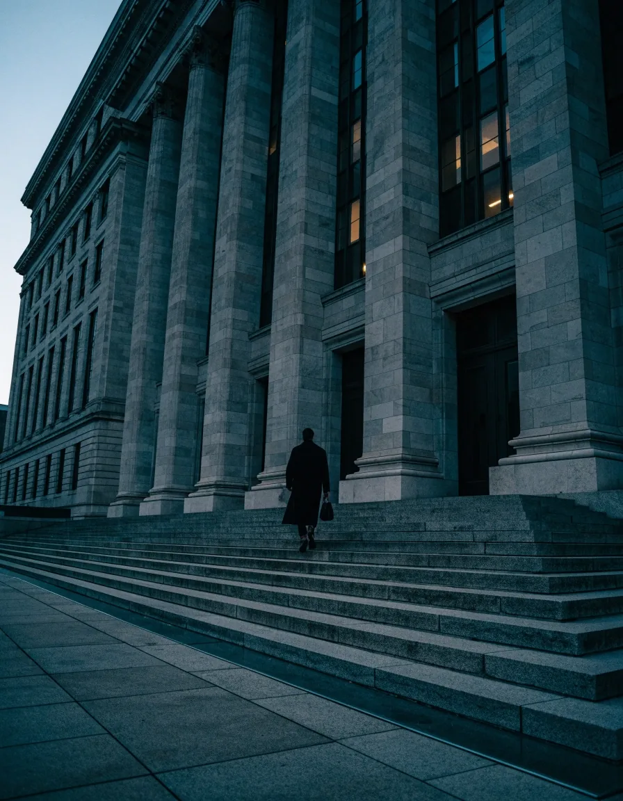 A federal courthouse entrance at dusk with stone steps and a figure walking away