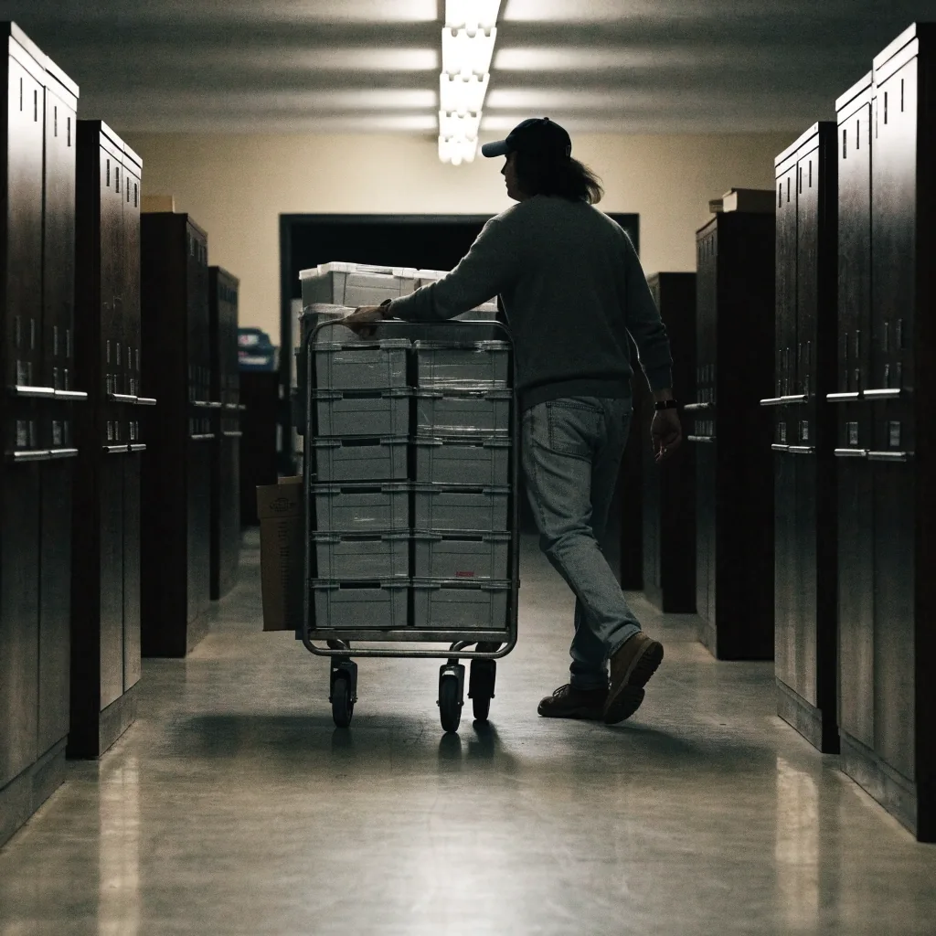 Ballot boxes and storage crates being moved through a state election office