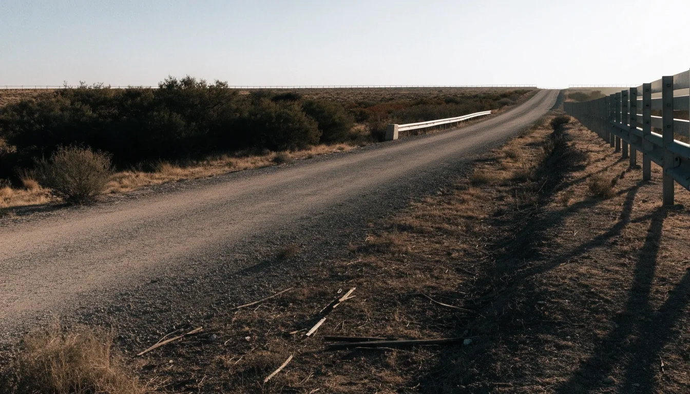 Desert landscape with a stretch of border fencing receding into the distance
