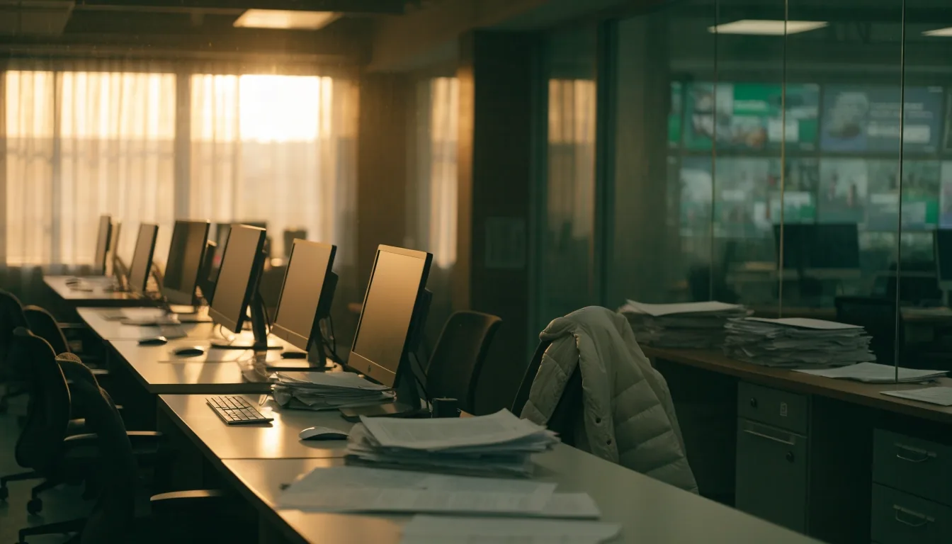 A quiet political newsroom in late-afternoon light with angled monitors, unmarked paper stacks, and blurred feed panels on the wall