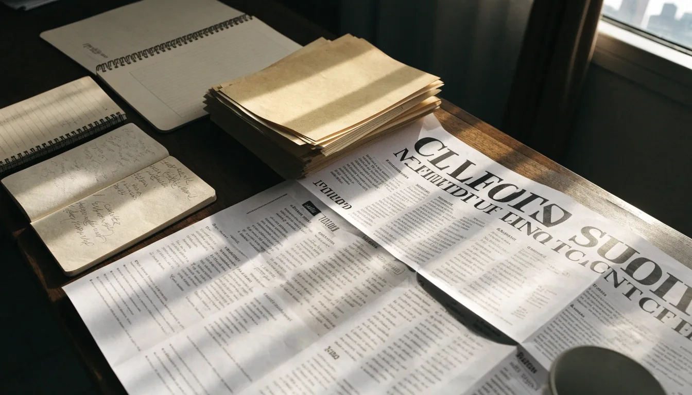 A reporter's desk in the Gustrion newsroom with printed election-calendar pages, notebooks, and wire copy under morning window light